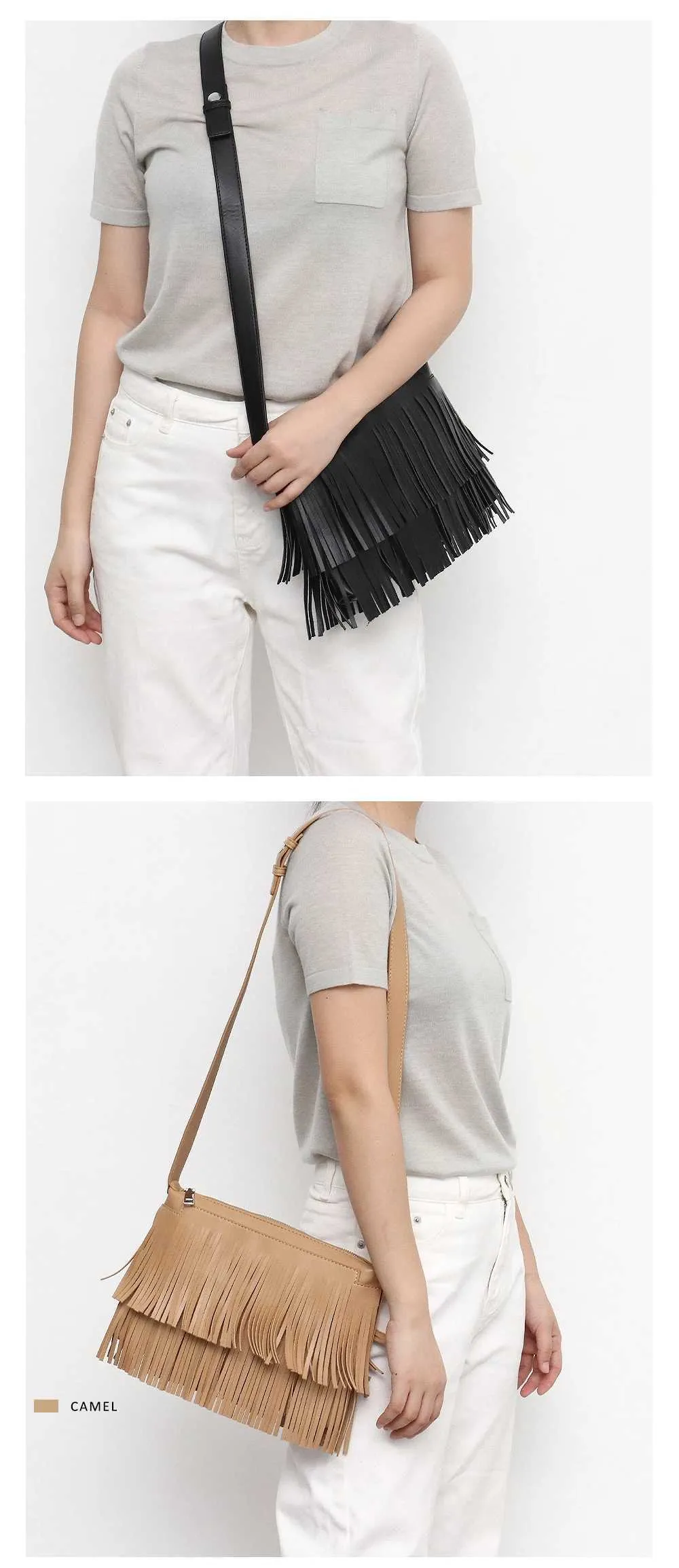 CEZIRA Bohemia Quaste Fransen Ladi Seitentaschen Veganes Leder Stilvolle Designer Mädchen Kleine Umhängetasche Reißverschluss Umschlag Clutch_voghion.com