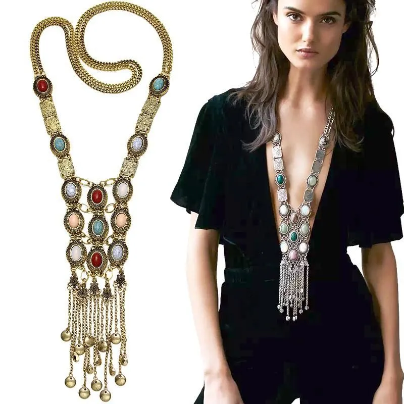 Colliers à pampilles longs et chics pour femmes, style bohème, mode vintage, pendentifs, colliers, bijoux, couleur or et argent_voghion.com