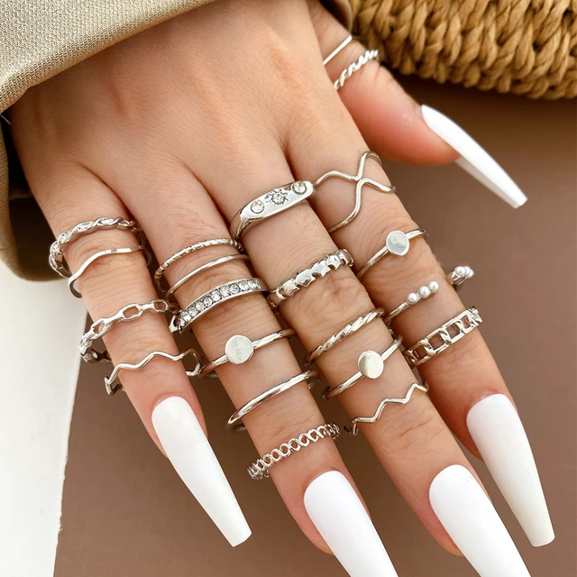 Gran oferta, conjunto de 20 anillos de dedo huecos con perlas y cruz de metal color plata vintage con ondas geométricas para mujer, joyería de moda 2024, regalos._voghion.com