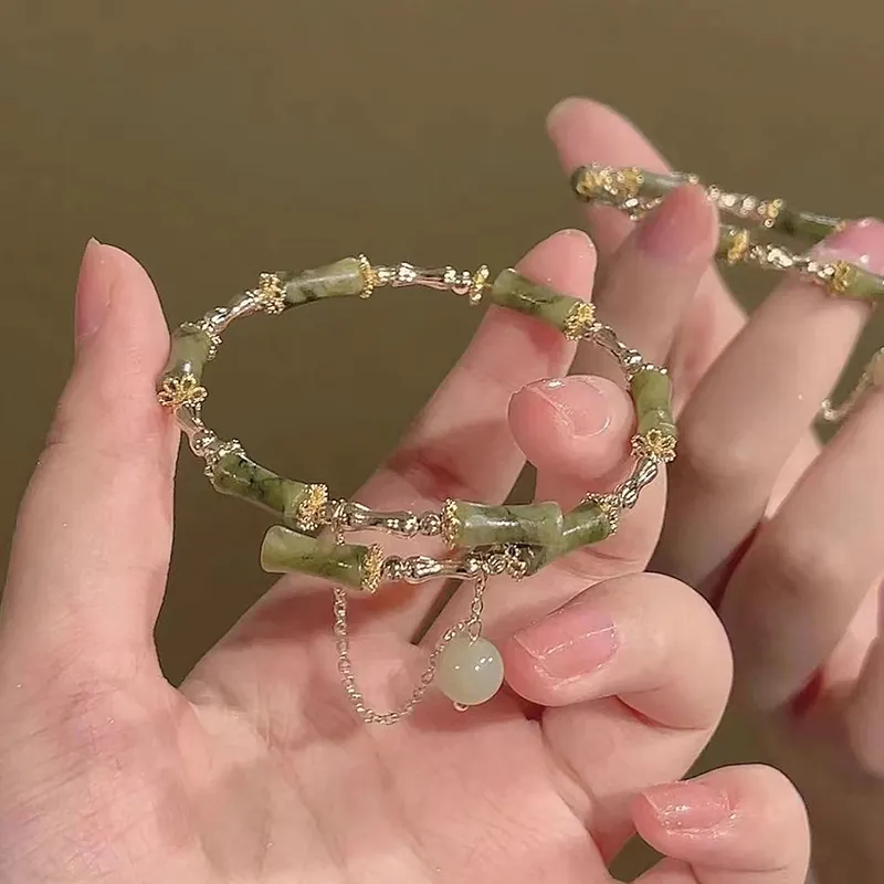Chinese Style Bamboo Joint Bracelet Retro Green Beaded Bangle_voghion.com