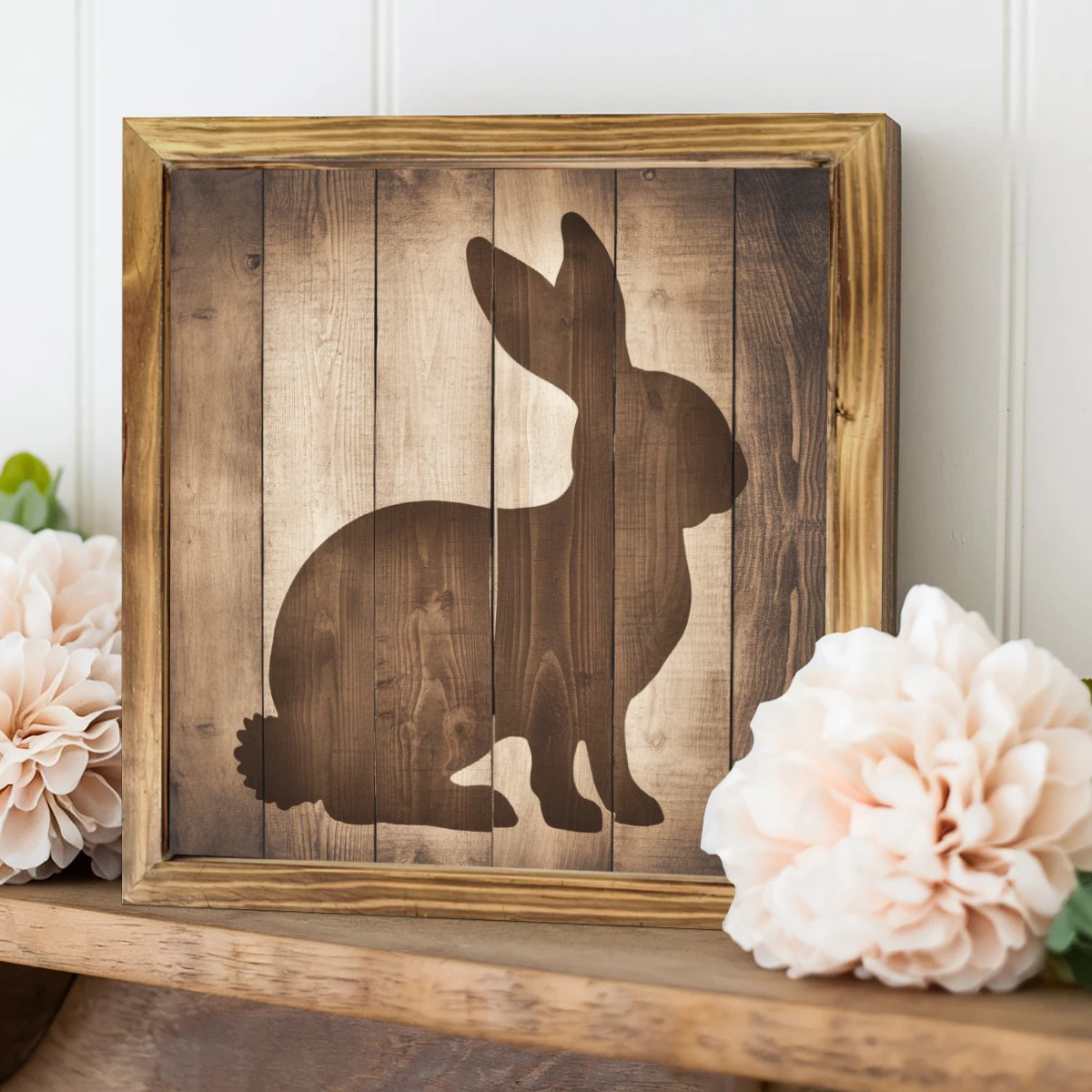 "8x8" Rustic Bunny Silhouette Wood Sign - Farmhouse Wall Art For Kitchen, Bedroom & Office | No Power | Easter/Housewarming Gift_voghion.com