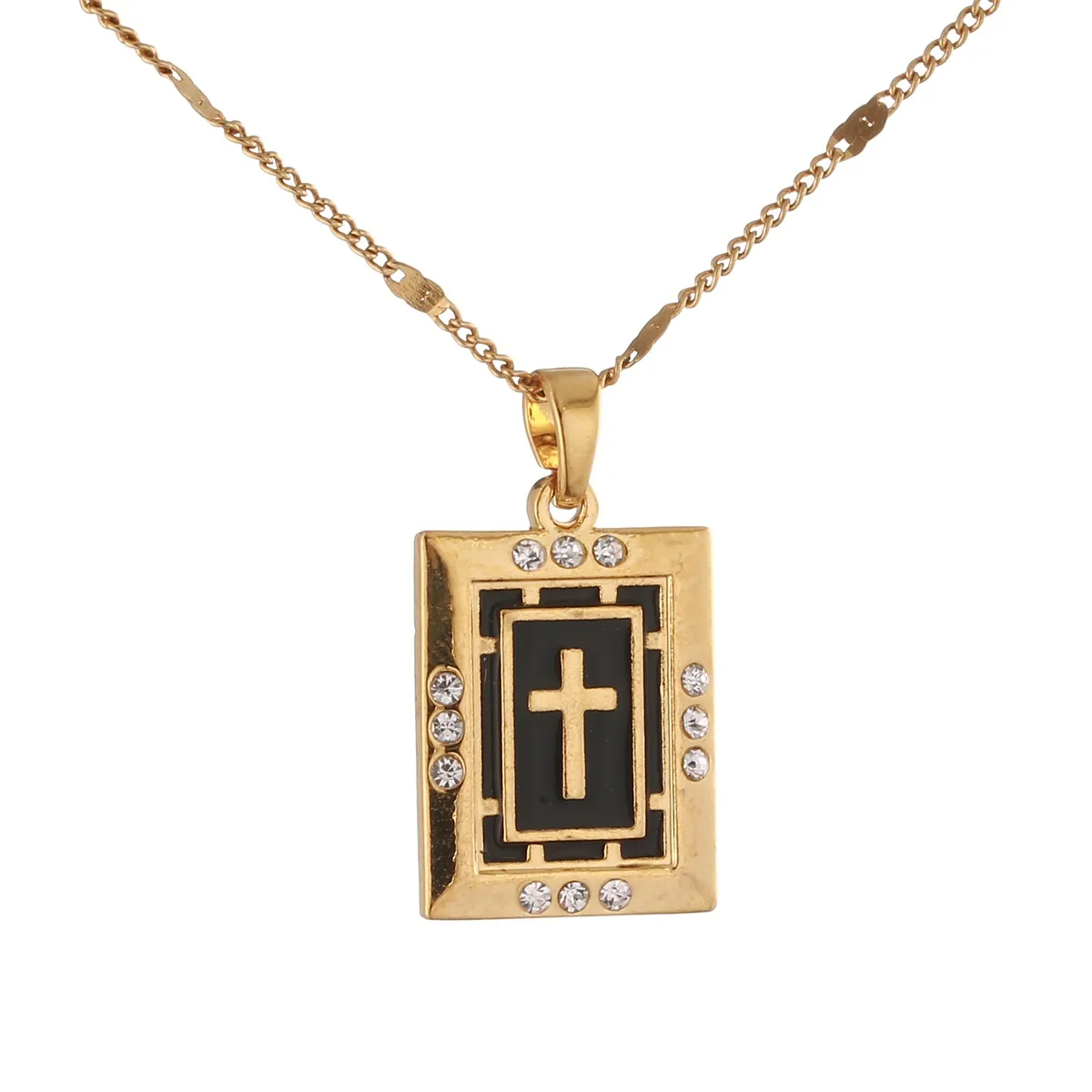 Collane con ciondolo Croce alla moda Colore oro Strass Smalto nero Crocifisso Gioielli da donna_voghion.com
