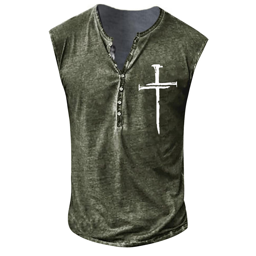 Youth Men's Cross Print Collarless Casual Tank Top Large Men's Vest_voghion.com
