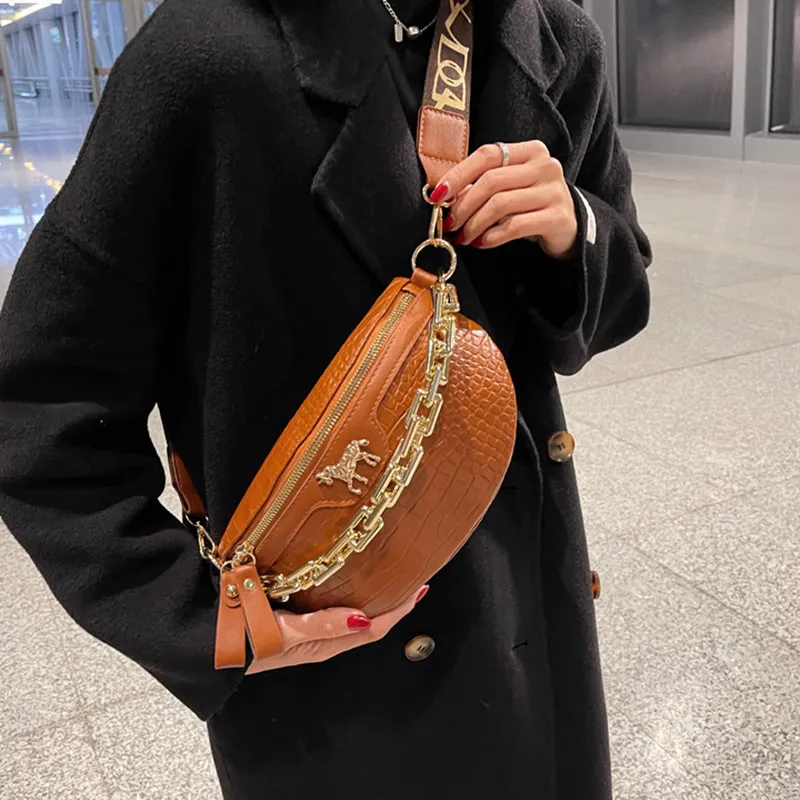 Thick Chain Women's Waist Fanny Pack Fashion Crossbody Chest Bags Female Belt Crocodile Shoulder Bag_voghion.com