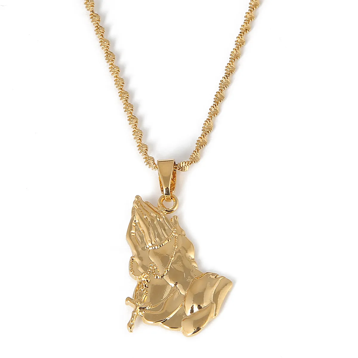Chaînes en acier inoxydable Pendentifs mains en prière Colliers Hip Hop Croix Chaîne Bijoux_voghion.com