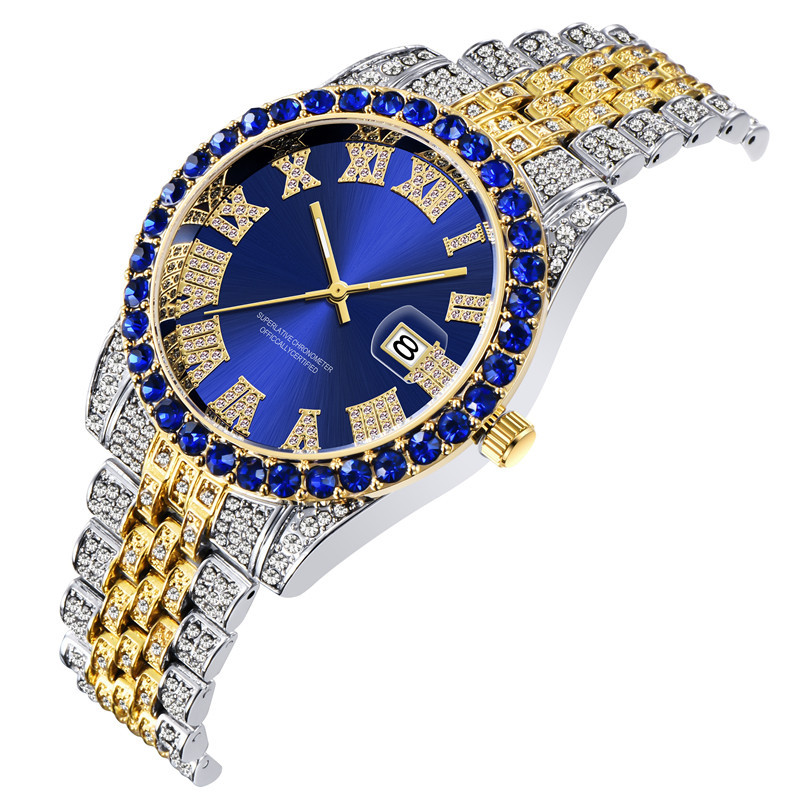 Hip hop Men Brand Full Diamond Alloy Band Date Watch_voghion.com