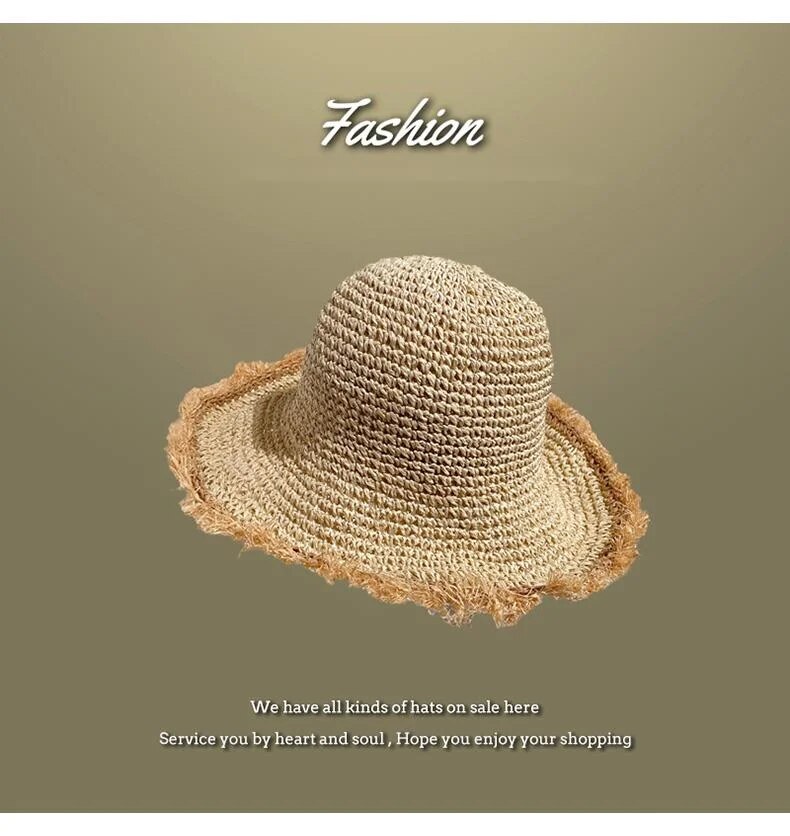 Lafite da donna, cappello da pescatore estivo con protezione solare flat top, foto da spiaggia, cappello in paglia intrecciata_voghion.com