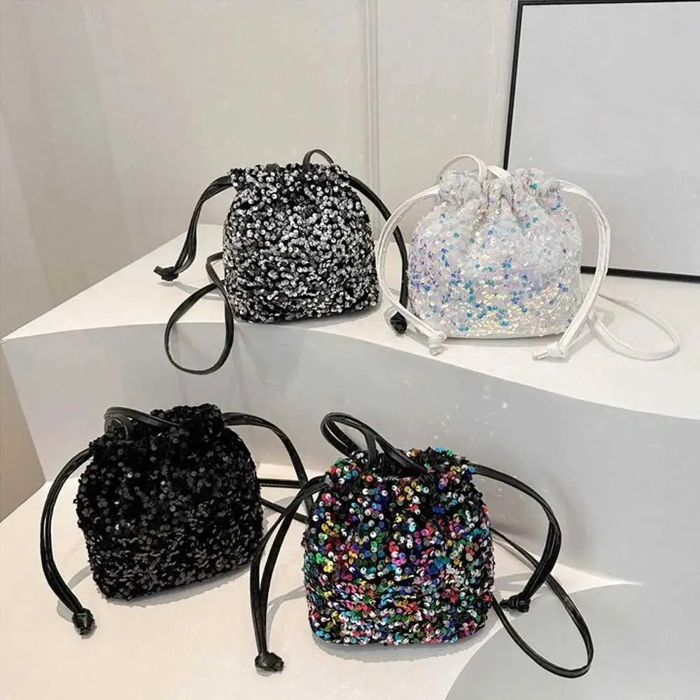 Fashion Versatile Sequin Shoulder Crossbody Trendy Simple Women Small Handbag Drstring Bucket Bag Party Wallet_voghion.com