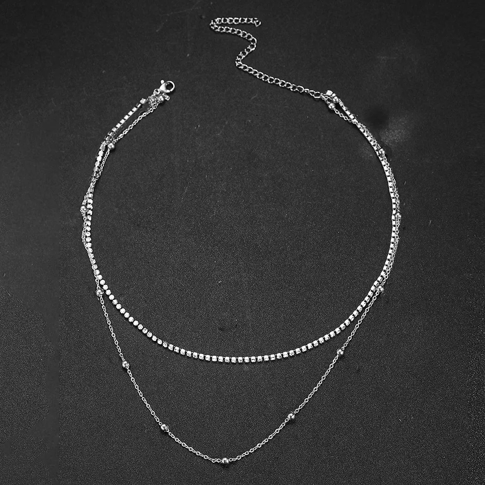 Multilags choker halskæde vintage rustfrit stål med krystaller_voghion.com