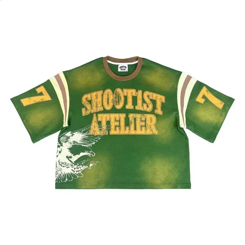 Maglietta da uomo in puro cotone con scollo rotondo verde, estiva, con stampa grande, stile street hip-hop, stile Y2k, casual, oversize 241230_voghion.com