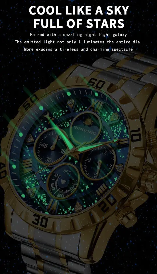 Montre homme quartz multifonction phase de lune acier doré_voghion.com