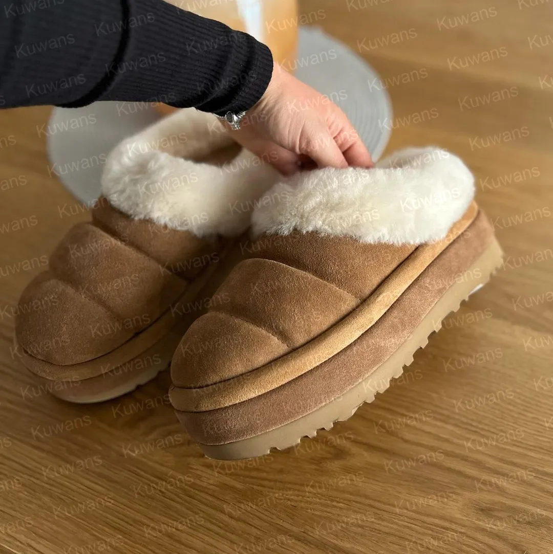 Pantuflas Tazzlita para mujer, chanclas de piel Tazz Tasman, bota clásica de plataforma ultra mini, color mostaza, sin cordones, de gamuza y lana._voghion.com