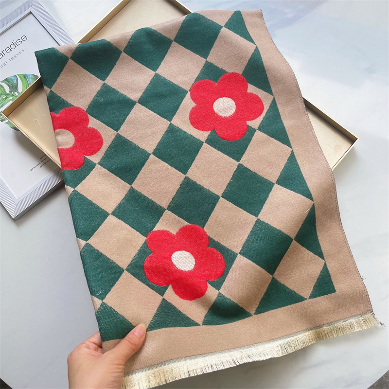 Korean version diamond checkered flower scarf for women’s autumn winter new style  cashmere thickened jacquard