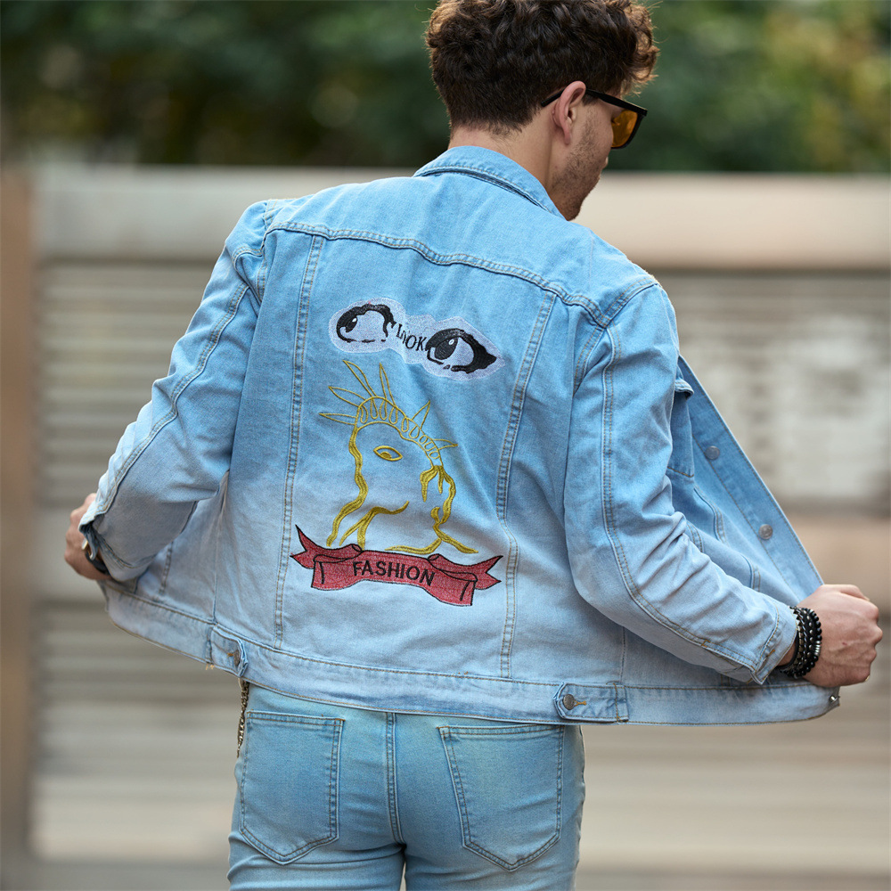 Jachetă casual din denim, top bărbătesc nou, lejer și de toamnă, ținută de primăvară, tendință din denim cu guler pătrat_voghion.com