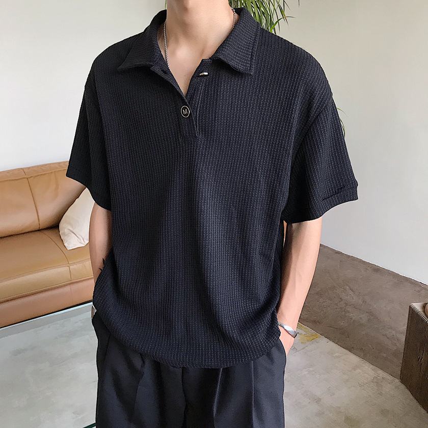 Herren Waffelpiqué Poloshirt Karo Muster Locker Kurzarm Sommer_voghion.com