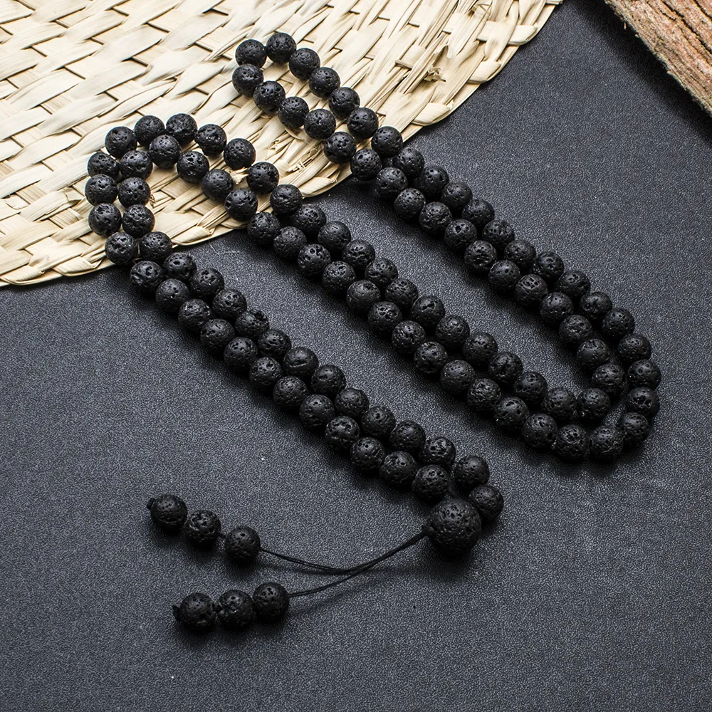 6 mm-es fekete lávakő karkötő nyaklánc 108 gyöngyös mala karkötők medál divatos jóga karkötők rózsafüzér buddhista_voghion.com