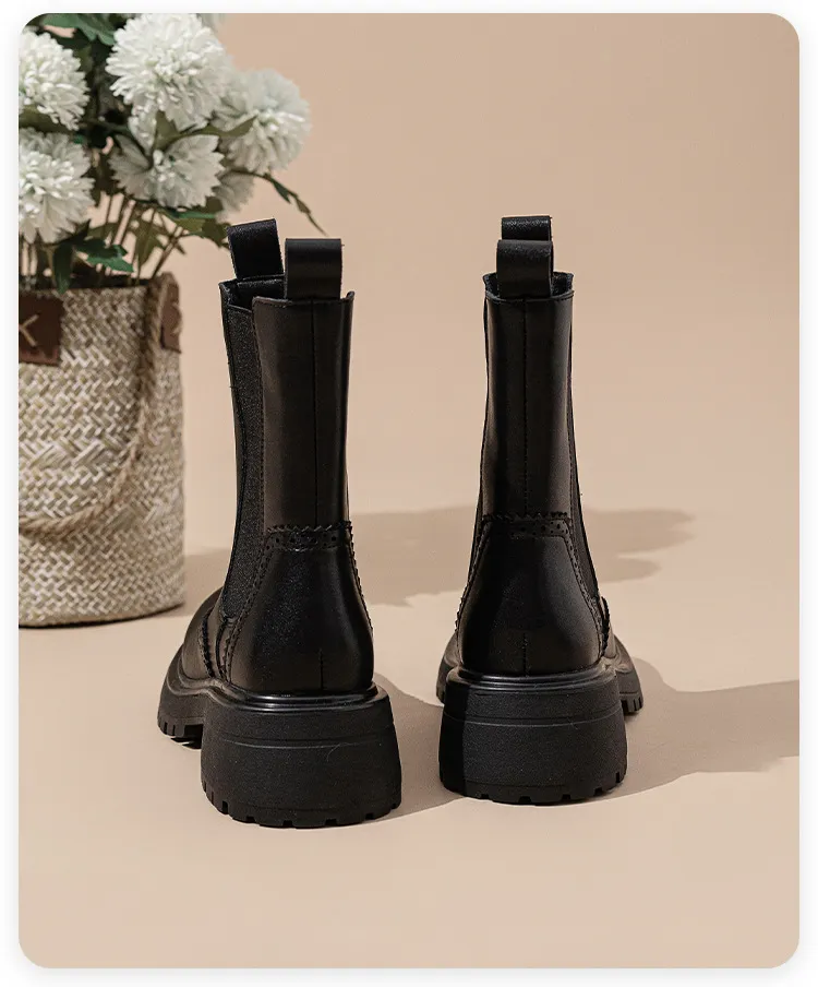 Echte Leder Brogue Chelsea Boots Für Damen Mit Dickem Absatz_voghion.com