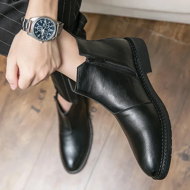 For Fashion Casual British Style Short Boot Side Zipper High-Top Shoes Men Man Classic Retro Leather Ankle Boots 240620_voghion.com