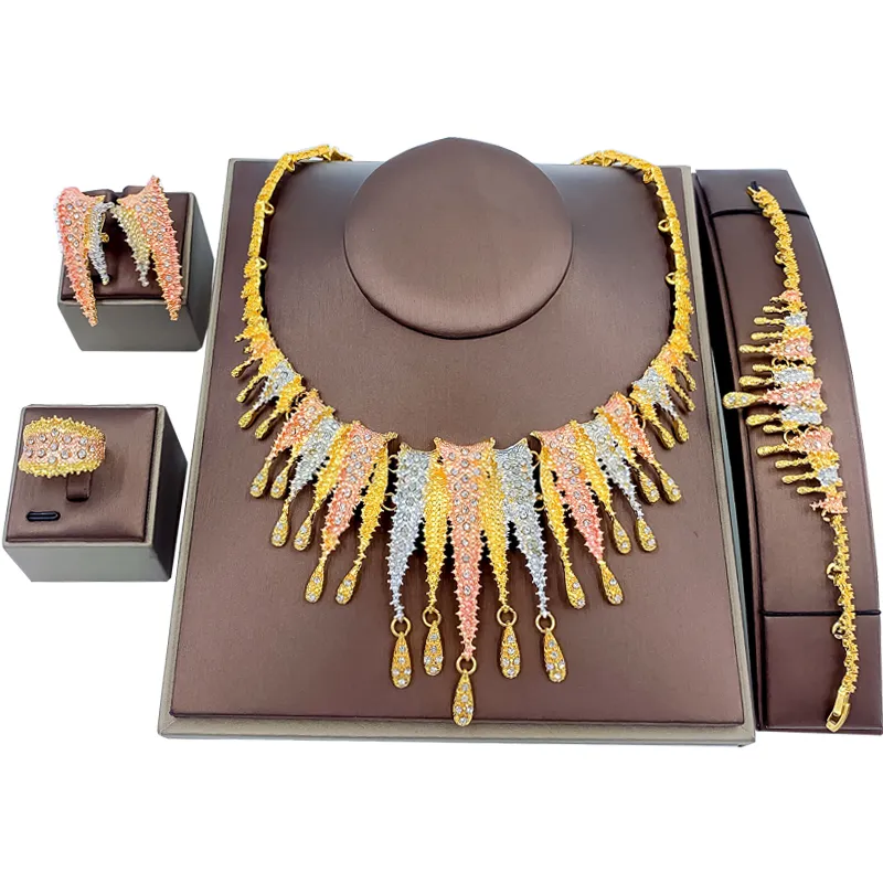 Ketten Dubai Modeschmuck Set Bunte Halskette Party Geschenk Armband Ohrringe Für Frauen Ring Hochzeit Zubehör_voghion.com