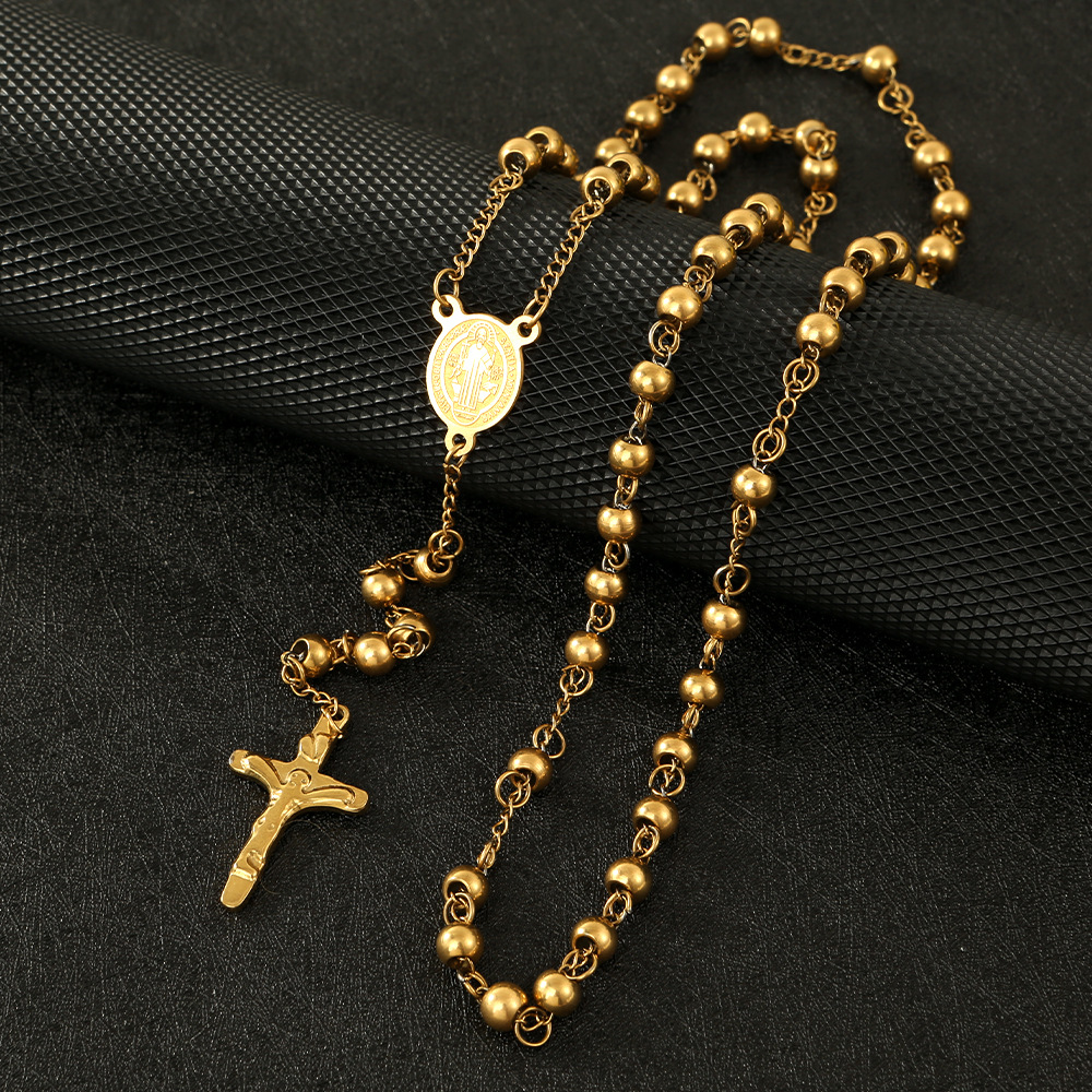 Golden Clavicle Chain Stainless Steel Round Bead Necklace Cross Necklace  Hot Selling Jewelry Accessories Titanium Steel Necklace