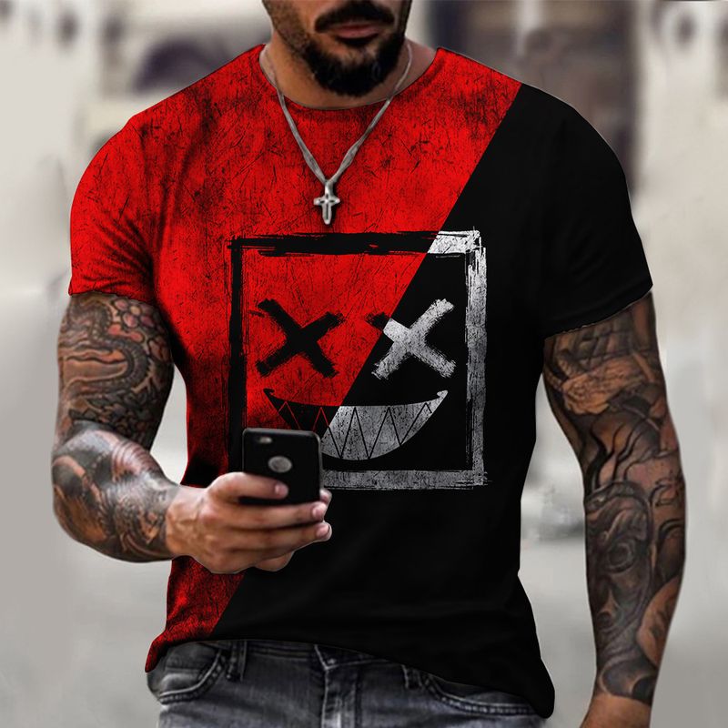 Summer Geometric Smiling Face 3D Digital Printing Men's Round Neck Short Sleeve T-shirt_voghion.com