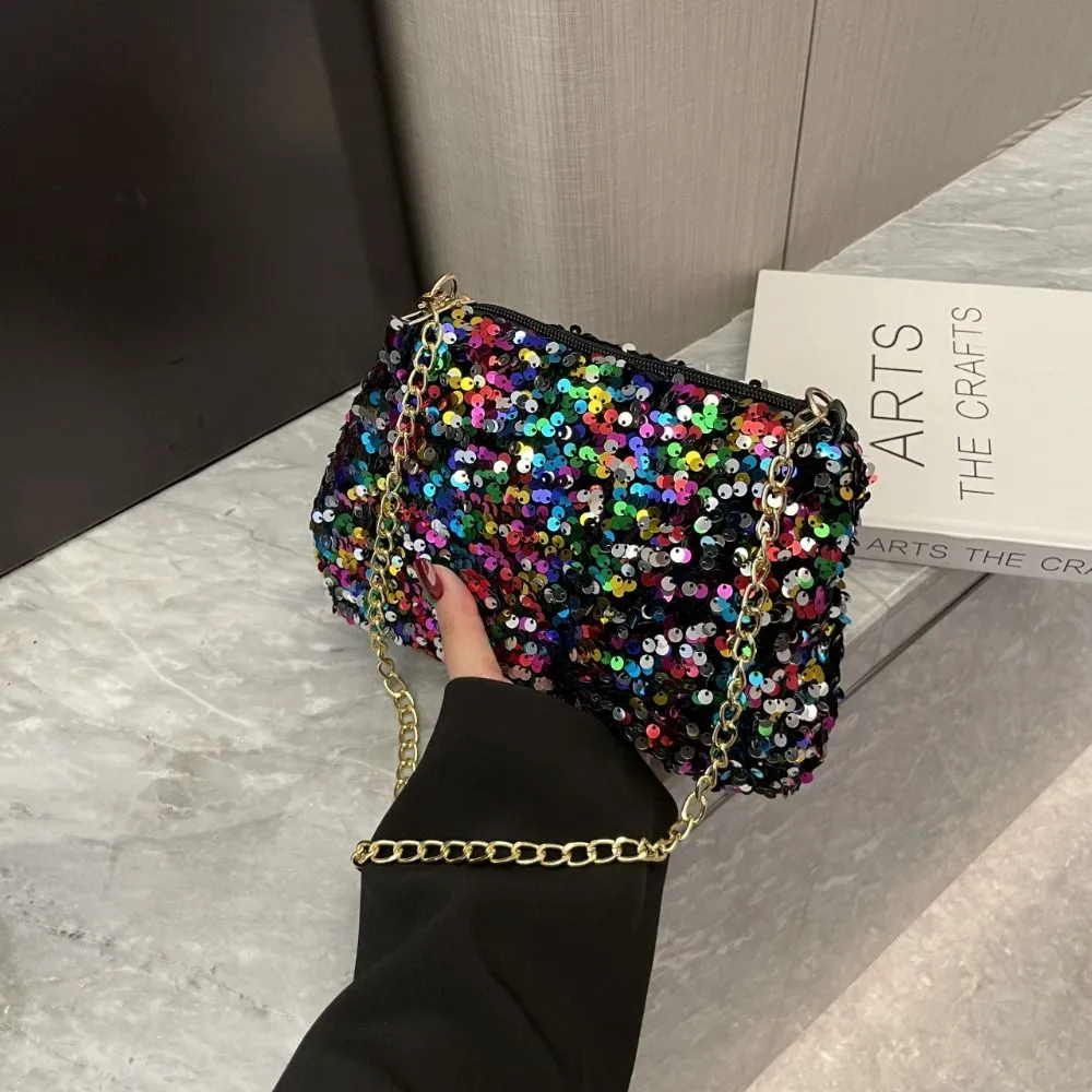 Borsa a tracolla con catena, tinta unita, stile coreano, con paillettes, per telefono, da sera, per cena e feste_voghion.com