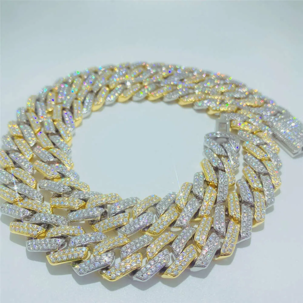 Custom Gold Plated Two Tone Miami Link 14mm 2 Row Vvs Moissanite Cuban Chain Bracelet Pass Diamond Test Men Necklace_voghion.com