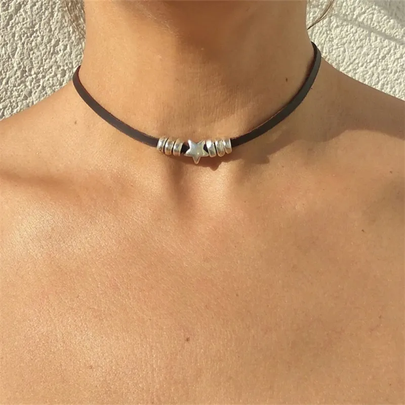 Collana choker stella boho collana pelle nera da donna_voghion.com