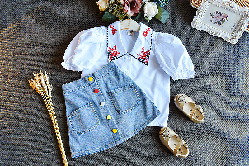 Mutter & Kinder kinder kleidung der mädchen Koreanische version außenhandel mode bestickt kurzarm-shirt plus jeansrock zwei-stück anzug_voghion.com