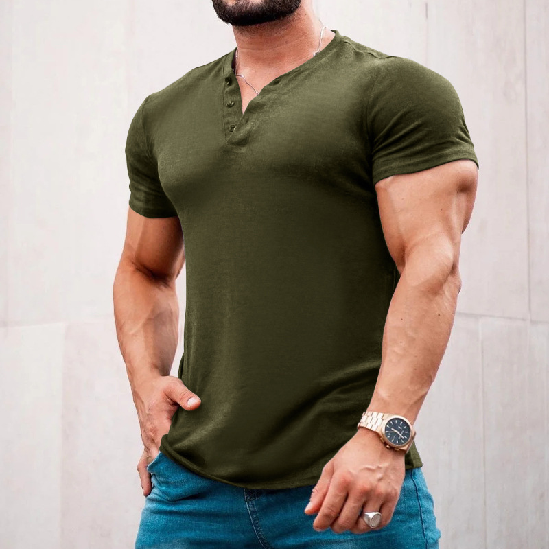 2023 Neues Sommer-T-Shirt für Herren, lässig, einfarbig, kurzärmelig, Rundhalsausschnitt, Pullover, Knopfleiste, Henley-Shirt_voghion.com