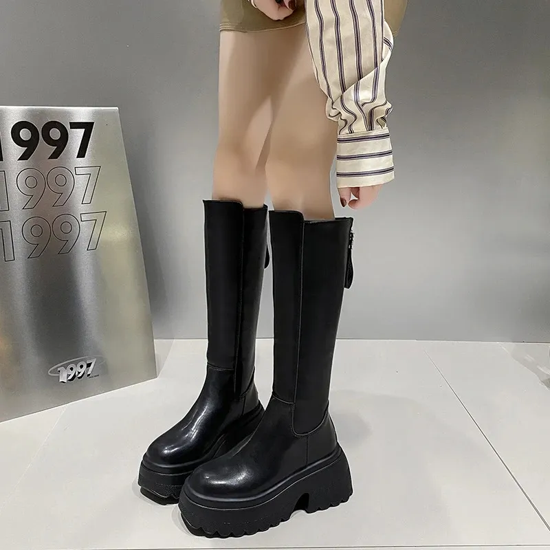 Knee High Platform Boots Women Retro Punk Style Leather Booties_voghion.com