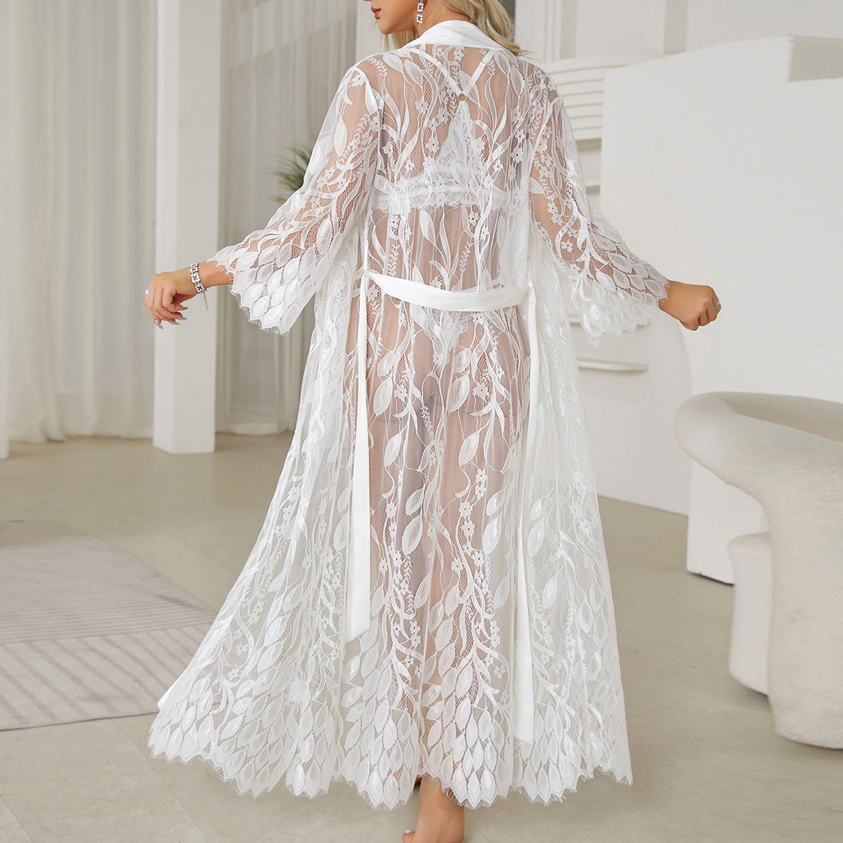 Women's Clothing Women's Nightgown Sexy Lace Stitching Home Clothes Bathrobe Cardigan See Through Pajamas_voghion.com
