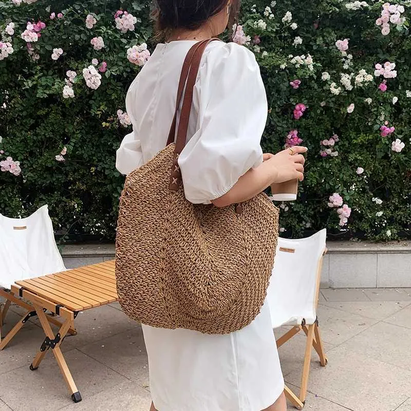Summer grass woven shoulder bag Latan Beach large capacity handmade vacation travel shopping handbag Y241011_voghion.com