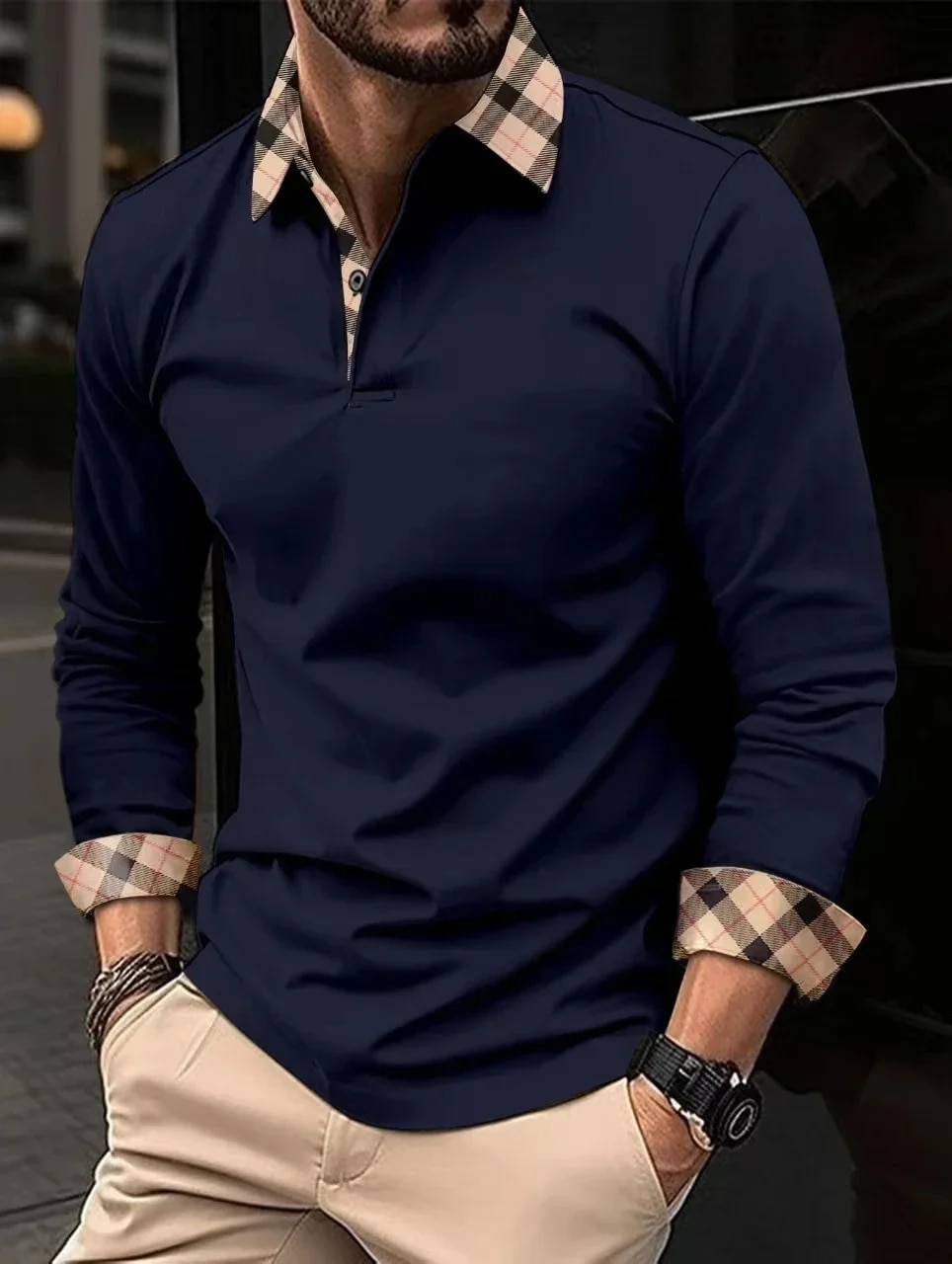 Spring Men's Long Sleeve Polo Shirt Cuff Casual Top Lapel Clothing European Size S-3XL