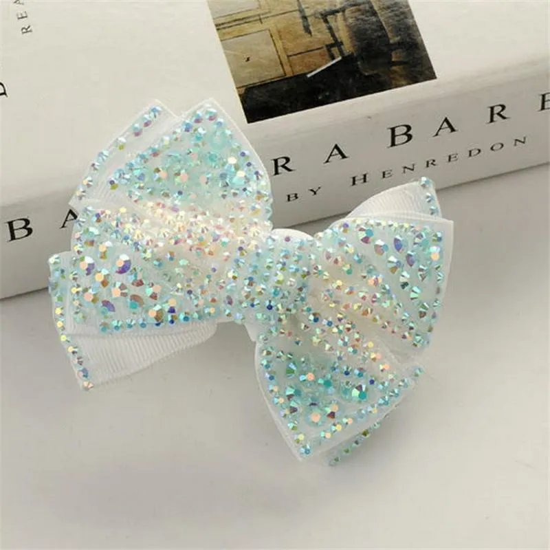 12 Pçs/lote 4" Strass Simples Com Clipes Pretos Para Crianças Meninas Boutique Laços De Cristal Grampos De Cabelo Acessórios Para Cabelo 6 Cores_voghion.com