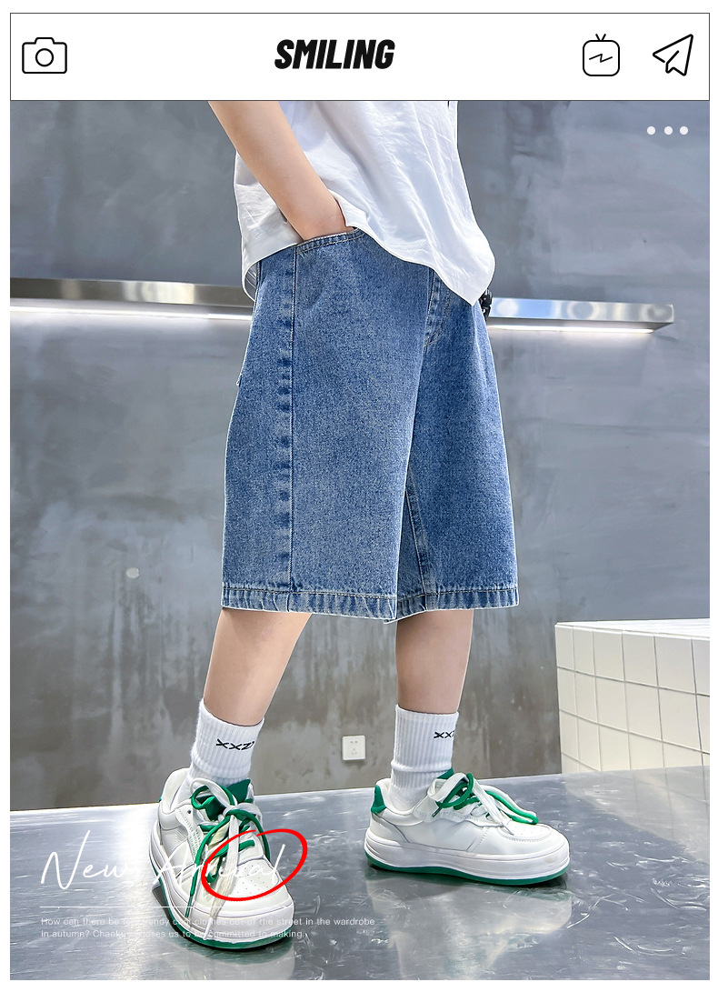 Pantaloni scurți din denim pentru băieți la modă, vara 2024, ediție coreeană nouă, la modă, mărime medie, pantaloni lungi pentru copii_voghion.com