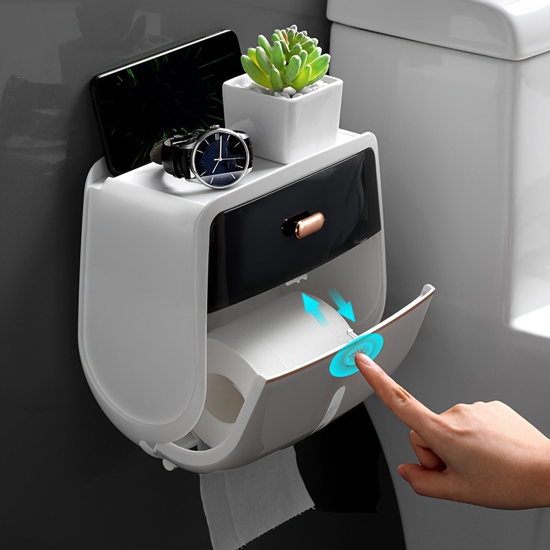 1pc Toilet Roll Paper Holder, Double Layer Large Capacity Tissue Storage Box, Wall Mounted Bathroom Tissue Dispenser, Waterproof Tissue Box
