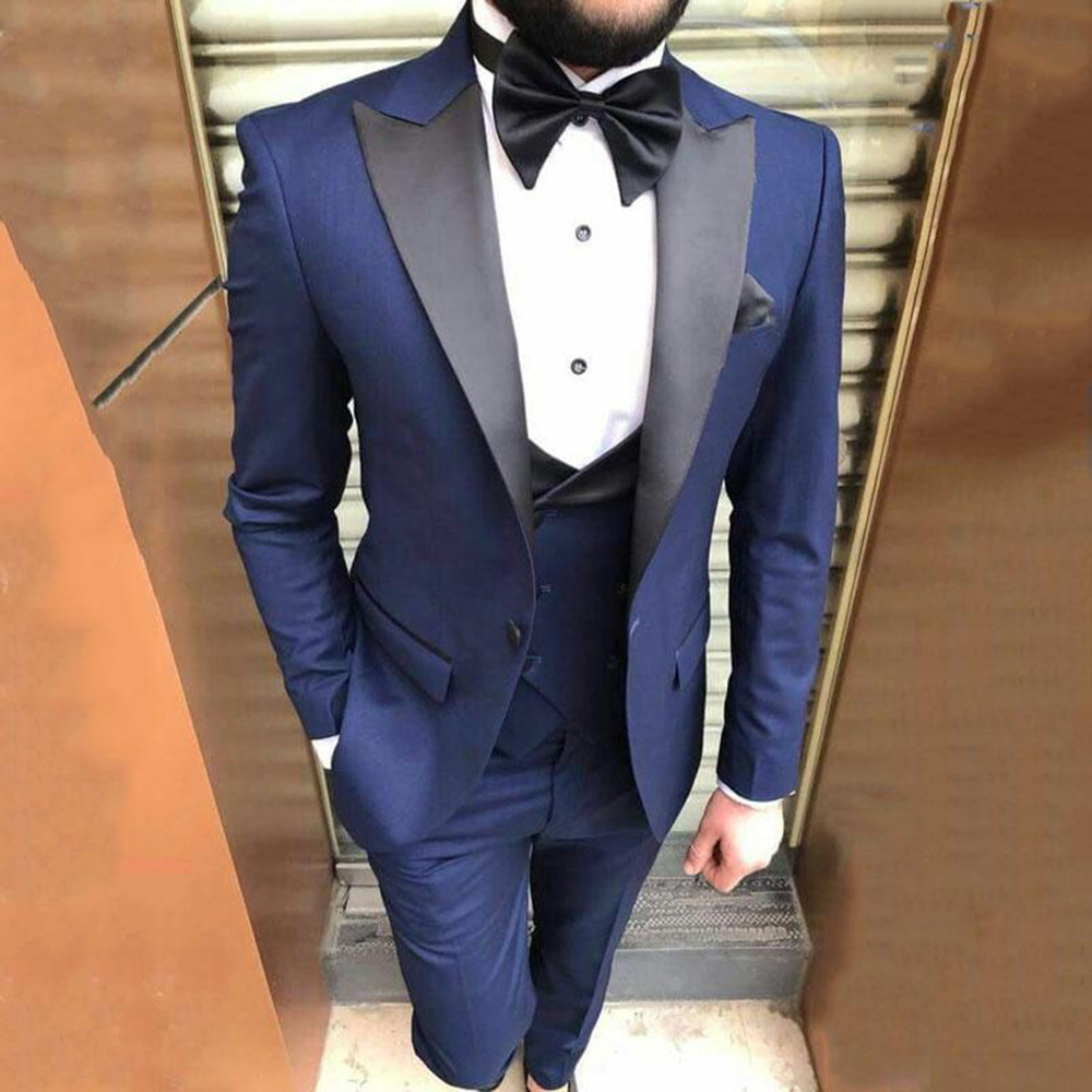 Ensemble bleu marine, revers pointus noirs, queue-de-pie de marié, veste de costume homme slim fit, ensemble trois pièces_voghion.com
