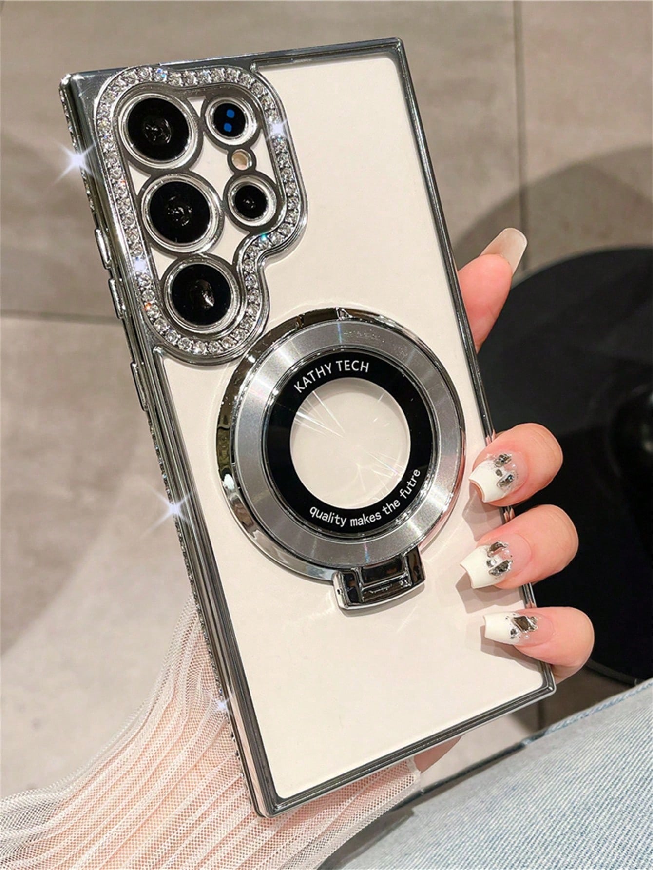 1pc Luxury Plating Gradient Glitter Diamond Stand Holder Phone Case For SamsungS24 S25 Ultra S23 Ultra S22 Ultra S23 Protective Shockproof Cover_voghion.com