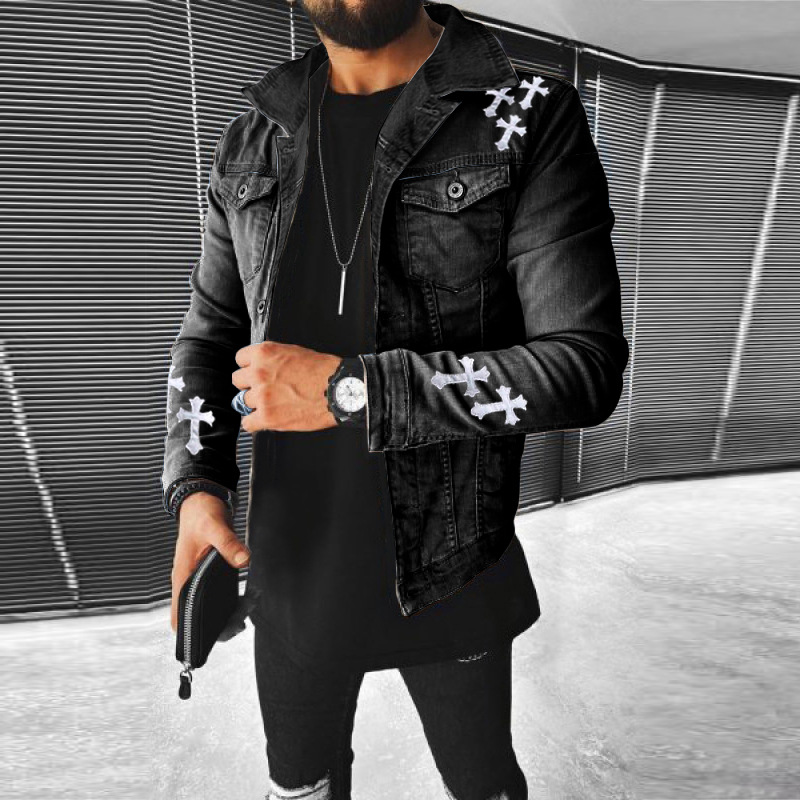 2533 autumn/winter coat hip-hop series patchwork patch printed men's street denim jacket top_voghion.com