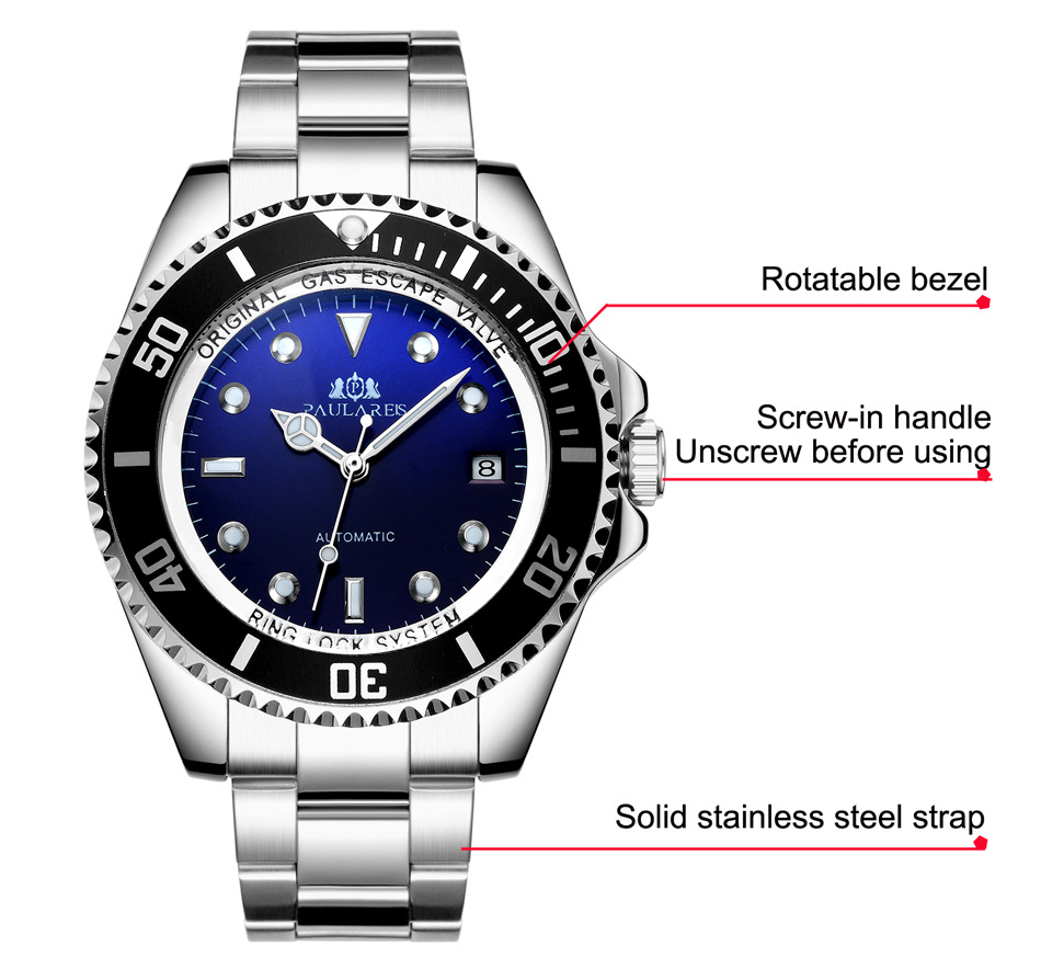 Vollautomatische mechanische Herrenuhr mit Leuchtzeigern, massivem Edelstahlarmband, blauem, rotem und grünem Zifferblatt. AUTOMATIKUHR_voghion.com