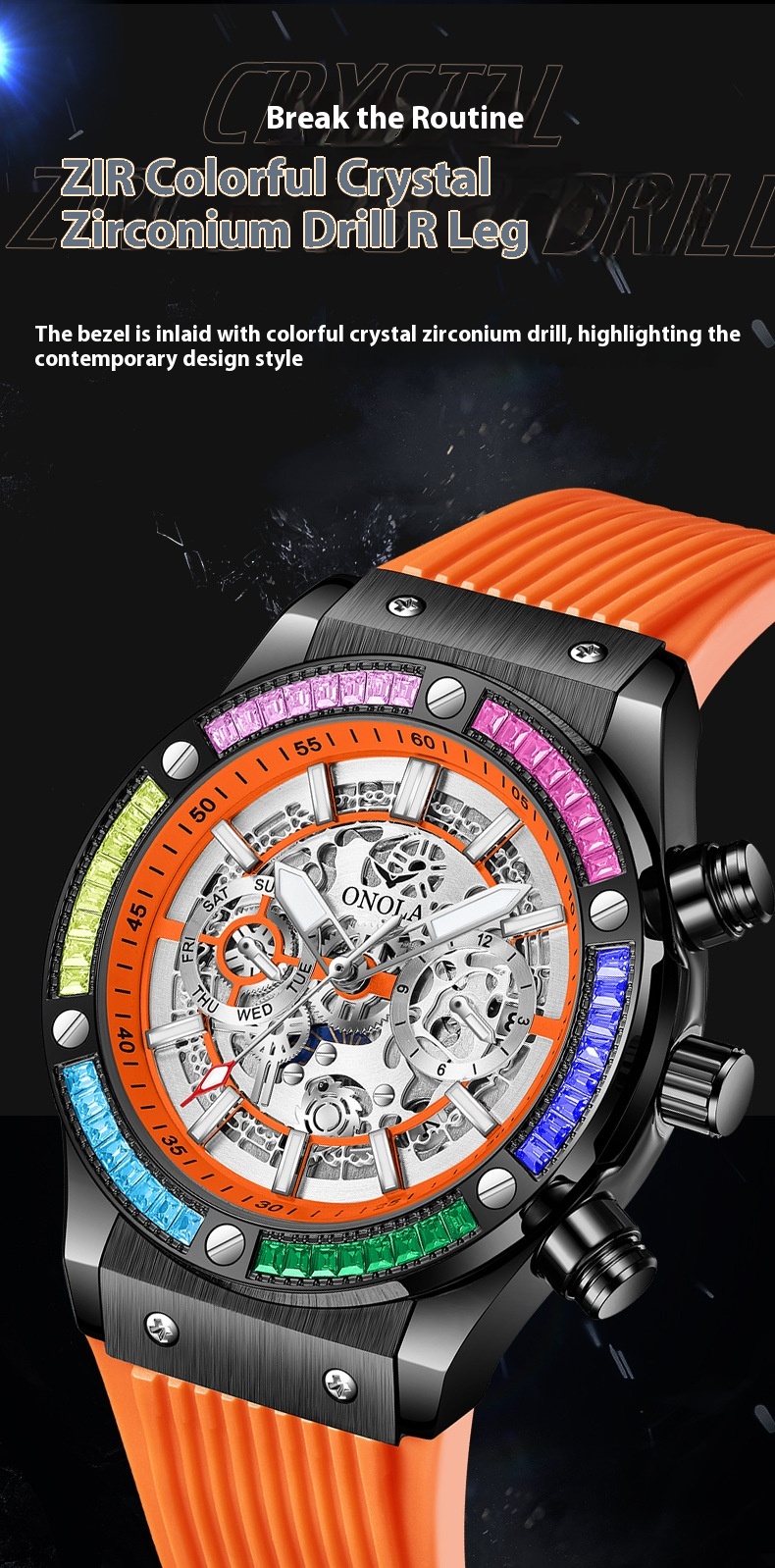 Fashion New ONOLA/Orona Rainbow Diamond Fully Automatic Mechanical Watch Men's Waterproof Tape_voghion.com