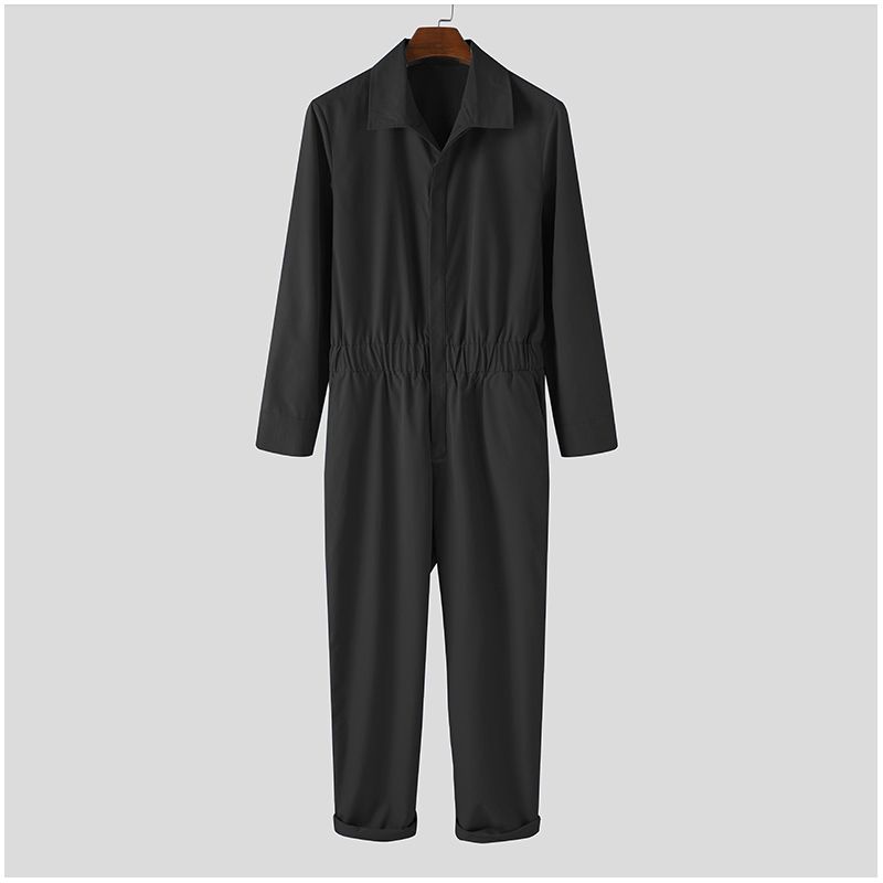 2024 Mænd Ensfarvet Jumpsuit Playsuit Knapper Casual Cargo Tøj Overalls Turn Down Krave Langærmet Oversized_voghion.com