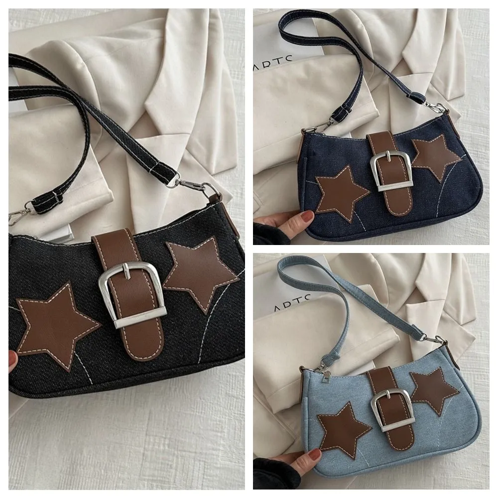 Borsa a tracolla minimalista con cerniera a forma di stella in PU Haruku Y2k, stile coreano, in denim, per ragazze_voghion.com