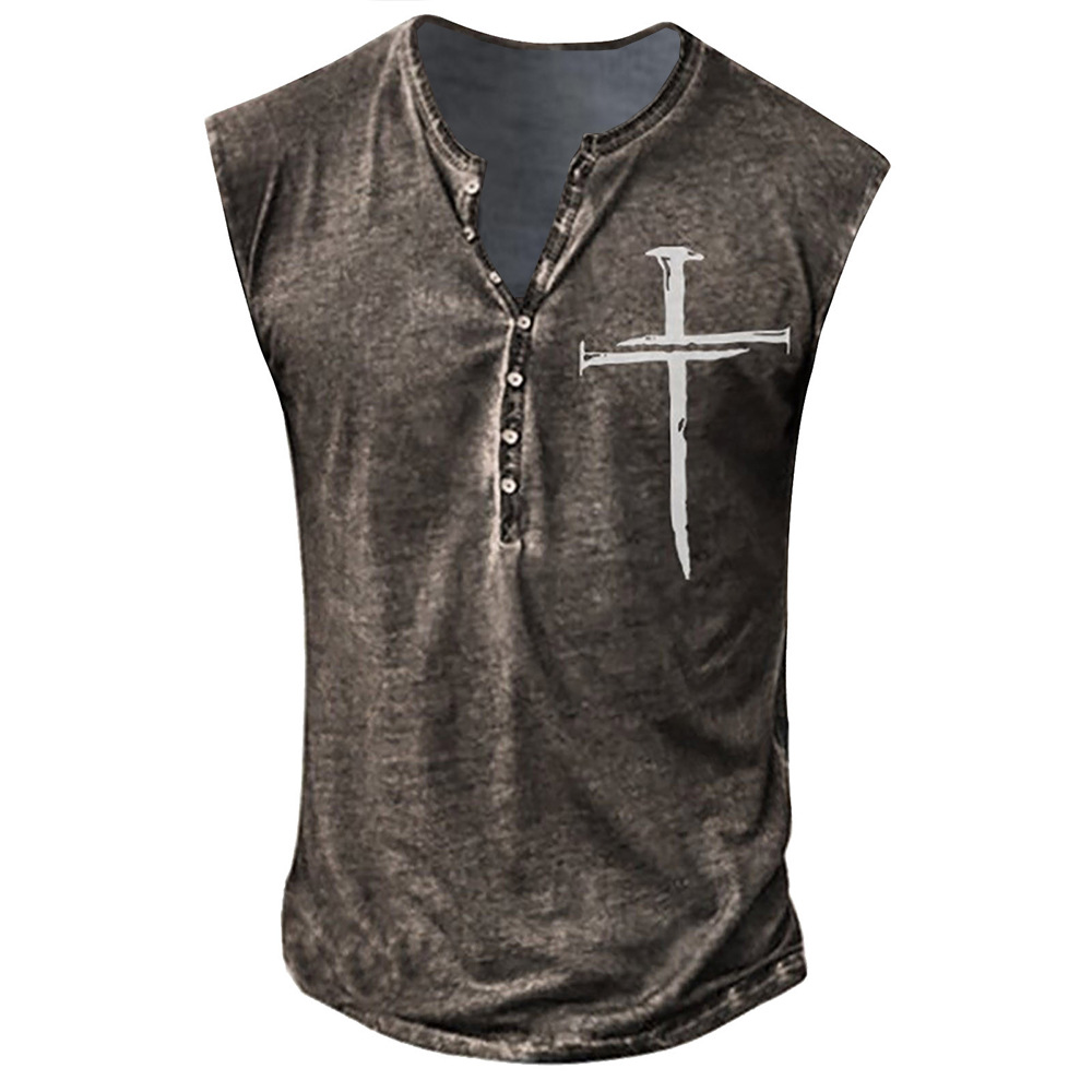 Youth Men's Cross Print Collarless Casual Tank Top Large Men's Vest_voghion.com