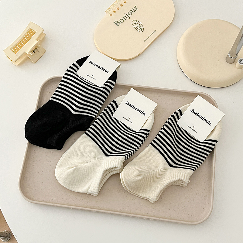 Low Cut Cotton Socks For Women Versatile Striped Candy Colours_voghion.com