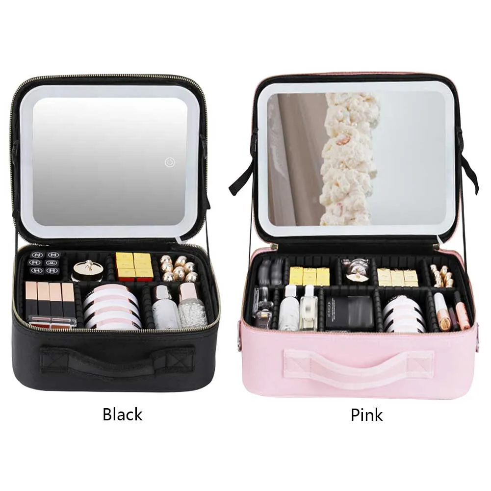 Make Up Pouch With Mirror Travel Makeup Bags Portable Large Capacity Fashi Simple PU Leather Casual For Weekend_voghion.com