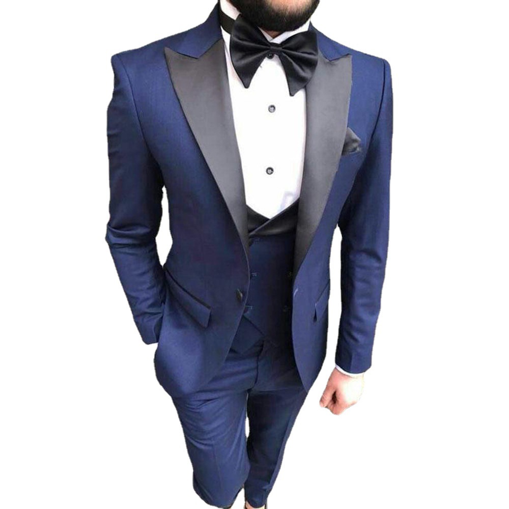 Ensemble bleu marine, revers pointus noirs, queue-de-pie de marié, veste de costume homme slim fit, ensemble trois pièces_voghion.com