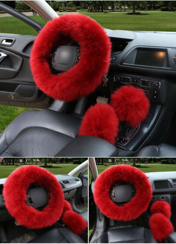 Car Steering Wheel Winter New Australian Sheepskin Fur Integrated Wool Handle Handbrake Cover_voghion.com