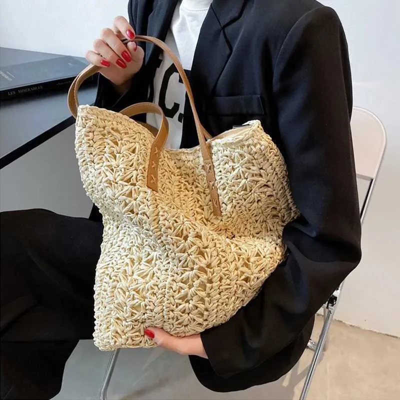 Fashion turf large capacity shoulder shopping bag womens vacation beach wallet Bohemian ragtan knitted handbag Y241011_voghion.com